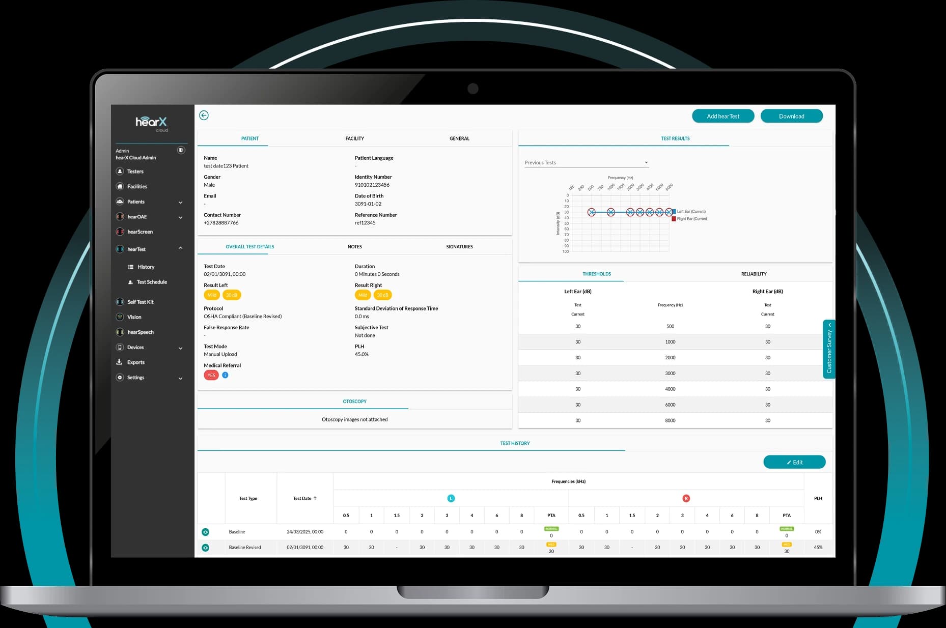 Laptop screen displaying hearX Cloud app