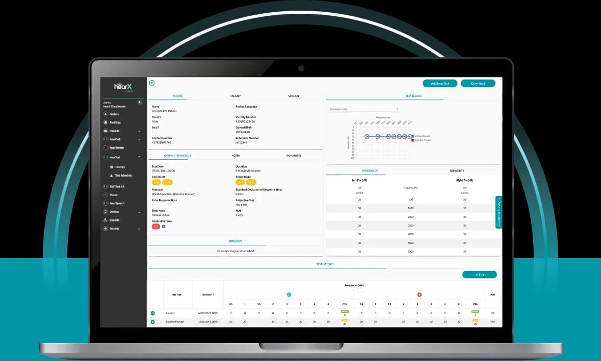 Laptop screen displaying hearX Cloud app