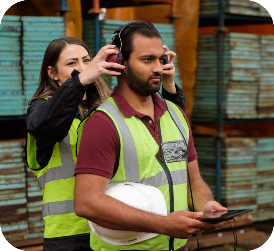 Health and safety in the workplace. Quick, on-site hearing testing taking place.